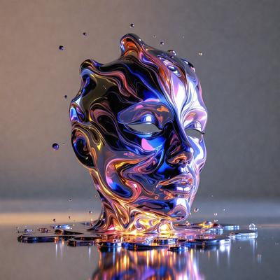 The primary subject of the image is a close-up of a sculpture of a head, possibly made of glass or metal. The head is surrounded by a blue and yellow liquid, giving the impression of a water-like substance. The setting appears to be a table, and the visual style is a combination of digital art and illustration. The colors and mood of the image are vibrant and dynamic, with the blue and yellow liquid adding a sense of movement and energy to the scene.